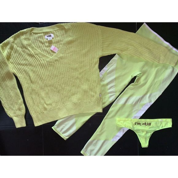 Victoria's Secret M SWEATER+L PANTS leggings+thong NEON YELLOW green VSX SPORT - Picture 2 of 6